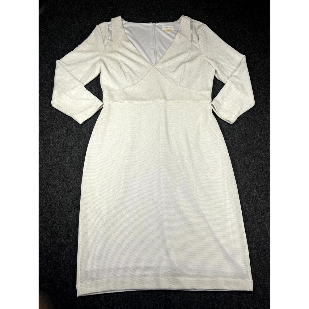 Calvin Klein Sheath Dress Womens 10 White Shimmer Keyhole Front V Neck Back Zip